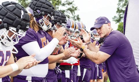 Second-year Northwestern State football coach Blaine McCorkle is excited about the team’s improvement from last year’s first spring practice to this year’s. Photo by Chris Reich, NSU Photographic Services