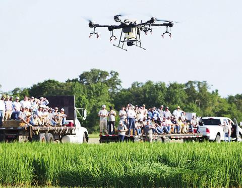 Attendees of the LSU AgCenter H. Rouse Caffey Rice Research Station’s 115th annual field day view a demonstration of a spray drone on June 25, 2024. This event would fulfill the requirements of Phase II of the Louisiana Master Farmer program. The LSU AgCenter has announced the dates for the Phase I component of the program for 2025. LSU AgCenter file photo