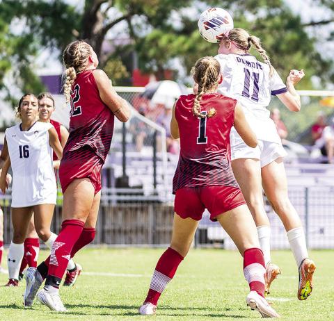 Taylor Spitzer, #11, scored her first goal of the season on a header to tally the first of two goals for Northwestern State in a 2-0 win against Nicholls on Sunday. Photo by Chris Reich, NSU Photographic Services