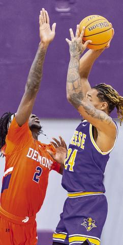 Jerald Colonel set a career high with seven blocks against McNeese on Monday night. Credit: Chris Reich/NSU Photographic Services