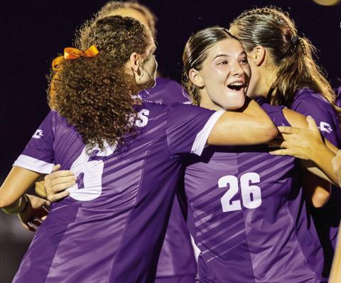 Isabella Reggiano, #26, celebrates with teammates after a goal in the 42nd minute that proved to be the difference in a 1-0 win over Tarleton State. Photo by Chris Reich, NSU Photographic Services