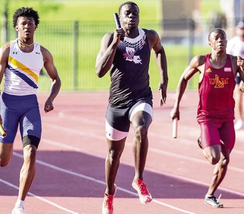 Desmond Duncan, one of the men’s 4x400 runners, helped the quartet break the school record with a 3:06.16 at the LSU Alumni Gold on Saturday. Photo by Chris Reich, NSU Photographic Services.