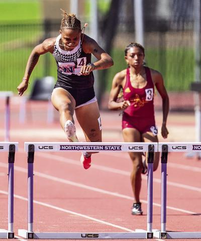 Raven-Symone Jarrett ran a PR in the 100-meter hurdles, as the senior proved she is fully prepared for the Southland Conference Championships, which begin May 15. Photo by Chris Reich, NSU Photographic Services