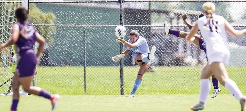 Kennedy Rist made three massive saves in the second half, helping preserve a Northwestern State tie against Stephen F. Austin on Sunday afternoon. Photo by Chris Reich, NSU Photographic Services