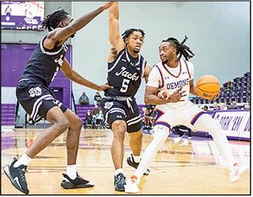 Micah Thomas (pictured) ties a career-high 29 points on 10-for-20 shooting from the field as the Demons rally back but fall short in Thibodaux to conference-unbeaten Nicholls on Monday night, 74-72. Photo by Chris Reich, NSU Photographic Services