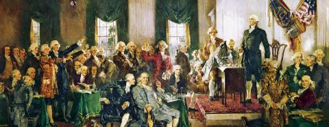 Signing of the United States Constitution with George Washington, Benjamin Franklin, and Alexander Hamilton (left to right in the foreground), painting by Howard Chandler Christy.