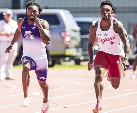 Zachaeus Beard finished eighth in the men’s 100-meter dash to earn First Team All-American honors, and Diamante Gumbs placed 19th in the men’s discus to earn honorable mention All-American accolades to complete stellar NSU careers. Photo by Chris Reich, NSU Photographic Services