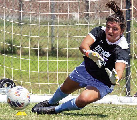 After stopping 11 shots at SMU on Thursday, she recorded seven more saves in a 4-0 loss at Mississippi State on Sunday. Photo by Chris Reich, NSU Photographic Services