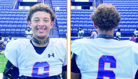 Sophomore safety Kaden Mackey modeling the Q-Collar from both the front and back views. Photo by Jason Pugh/NSU Sports Information