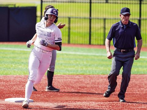 Makynlie Jones rounds second after her first home run of the season in NSU’s 7-2 win against Arkansas-Pine Bluff on Sunday. Photo by Chris Reich, NSU Photographic Services