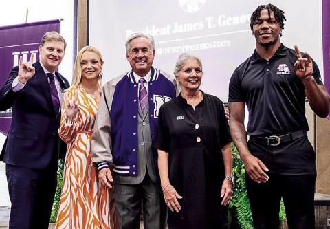 From let are Director of Athletics Kevin Bostian, NSU Volleyball player Ashlyn Svoboda, Genovese and wife Martha, and Demon football player Cadillac Rhone.