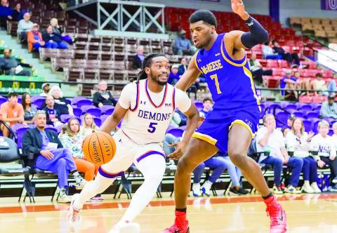 Micah Thomas (pictured) scored a game-high 27 points as the Northwestern State men's basketball team rallied back from 22 down but couldn't overcome the deficit to McNeese on Monday night. The Cowboys won 75-64.Photo by Chris Reich, NSU Photographic Services
