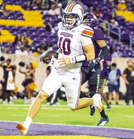 NSU redshirt freshman quarterback Abram Johnston scores first career rushing touchdown against Prairie View A&amp;M. Photo by Chris Reich, NSU Photographic Services