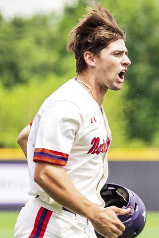 Samuel Stephenson celebrates scoring the goahead run in Saturday’s win against McNeese. Photo by Chris Reich/NSU Photographic Services