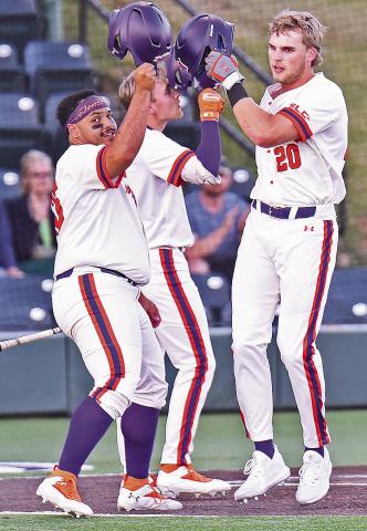 Bryce Johnson (20) celebrates a home run in Tuesday’s 11-1 victory over Grambling at Brown-Stroud Field. Photo by Gary Hardamon
