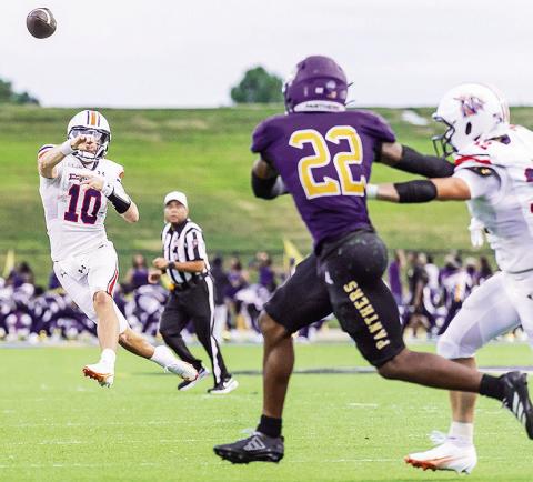 Abram Johnston (left) accounted for three touchdowns in Saturday’s loss at Prairie View A&amp;M. Photo by Chris Reich/NSU Photographic Services