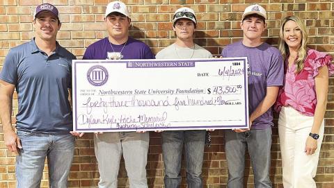 This year’s Dylan Kyle Poche Memorial Bass Tournament raised $43,500, to support the NSU Fishing Team and scholarships for incoming anglers. From left are Burt Poche, Colin Cosenza, Caleb Johnson, Ayden Slack and Shelley Poche.