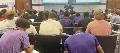 Head coach Blaine McCorkle addresses the Northwestern State football team Monday afternoon. Photo by Jason Pugh/NSU Sports Information