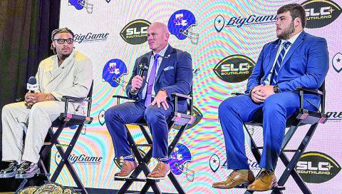 From left are Defensive end Cam George, head coach Blaine McCorkle and center Caleb Billiot speak at Monday’s Southland Conference Opening Drive event in San Antonio. Photo by Brad Welborn/NSU Sports Information
