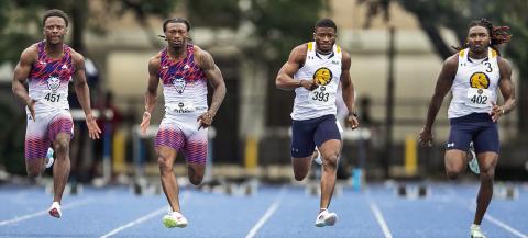 Zachaeus Beard (second from left) earned a spot at nationals in both the 100-meter dash and as a member of the 4x100 relay, along with Keontae Gaines (far left). Photo by Prentice James