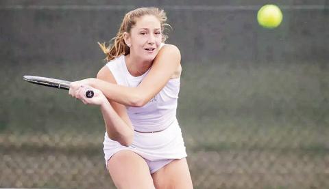 Zoi Spyrou, junior, picked up her first win in doubles versus South Alabama at the Bruce David Lubel Memorial Tennis Courts Photo by Chris Reich, NSU Photographic Services