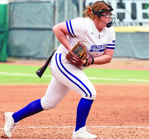 Mattison Buster threw a complete game against New Mexico, her first as a Demon and second of her career, in a 2-0 loss. Photo by Paige Fontenot, NSU Director of Marketing and Digital Media