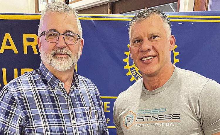 The Natchitoches Parish School Board Director of Finance Lee Waskom talked to the Rotary Club to give an update comparing 2023-2024 budget to the 2025-2026 budget. From left are Waskom and Rotary President Jesse Taitano.