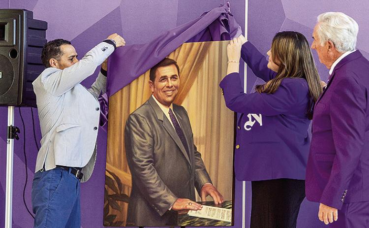 Artist and associate professor Edgar Cano Lopez, SGA President Madysen Morgan and NSU President James Genovese unveiled a portrait of Dr. Robert Alost as part of the SGA Portrait Project that ensures that buildings named after individuals feature a portrait of the person honored. The unveiling was part of the ribbon-cutting ceremony Oct. 3 in the atrium of Robert Alost Hall academic building that opened this semester. The ceremony was part of the Northwestern State Homecoming.