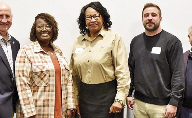 From left are Mayor Hal McMillin (Westlake), Mayor Katrina Evans (Campti), Mayor Irma Gordon (Kentwood), Mayor Tim Kerner, Jr. (Jean Lafitte), and Mayor Greg Cromer (Slidell) who spent two days with experts on projects ranging from innovative flood control, storm management, mitigation and economic development at the La. Community Resilience Institute in Baton Rouge.