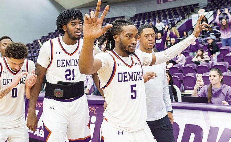 Micah Thomas #5 beats the buzzer to give the Demons the win against Texas A&amp;M-Corpus-Christi on Saturday afternoon, 79-78. Photo by Chris Reich, NSU Photographic Services