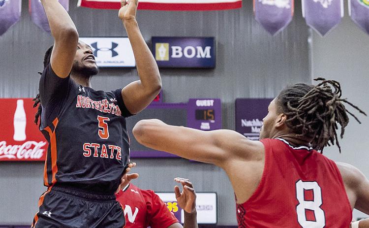 Micah Thomas (5) led Northwestern State with 19 points in Monday’s win against UIW. Photo by Chris Reich/NSU Photographic Services