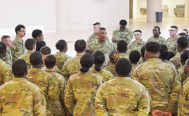 Command Sgt. Maj. Sud A. Robertson, Louisiana National Guard senior enlisted advisor– Army, addresses deploying Soldiers prior to their departure from Louisiana on May 11, 2026. Approximately 125 Louisiana National Guard Soldiers departed for Washington, D.C., where they will support the District of Columbia National Guard, the Metropolitan Police Department and other law enforcement agencies. (U.S. Army National Guard photo by Sgt. 1st Class Scott D. Longstreet)