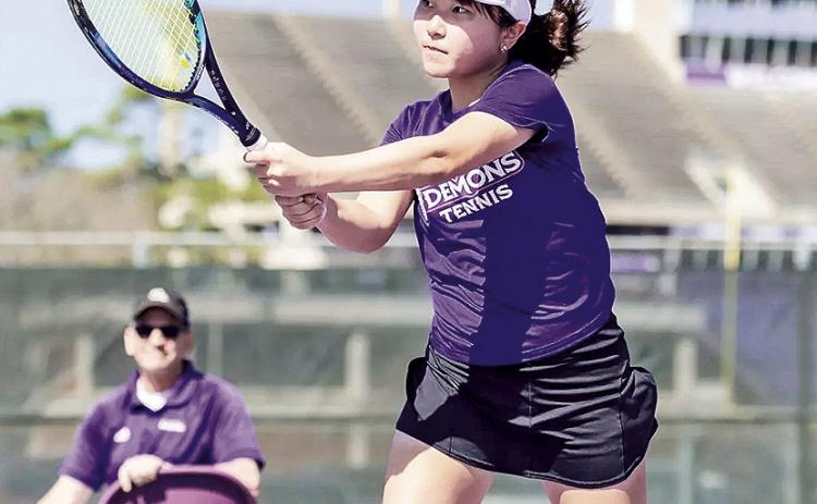 Honoka Umeda, sophomore, wins her season opener singles match against UT Chattanooga. Photo by Chris Reich, NSU Photographic Services