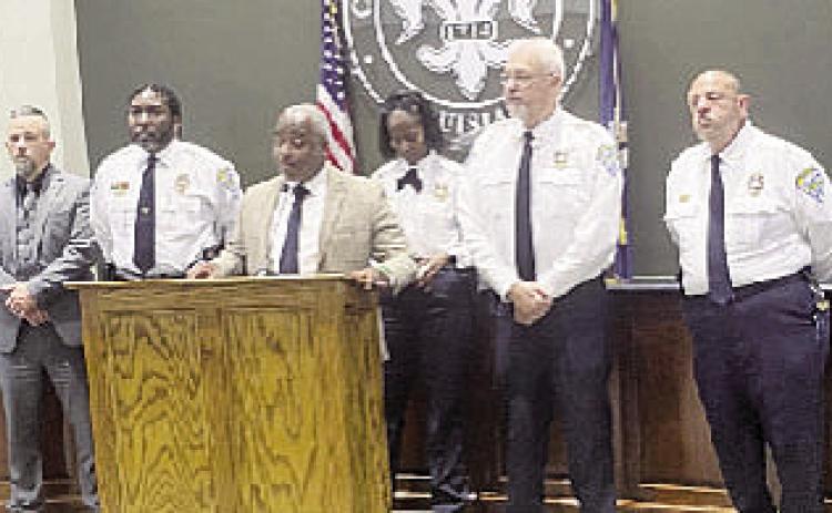 Lt. Jeff Townsend, Chief Nikeo Collins, Mayor Ronnie Williams, Jr, Capt. Susan Johnson, Assistant Chief Brad Walker, and Capt. Billy Meziere.