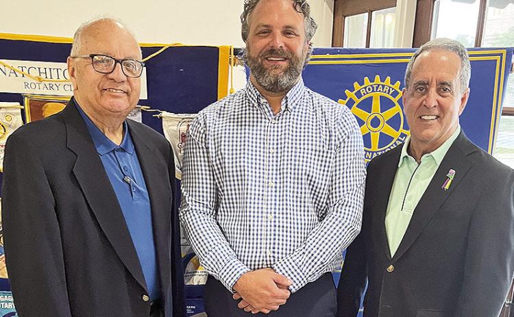 Rotarian Tommy Roque welcomed Natchitoches Parish School Superintendent Grant Eloi at the Sept.2 meeting. Eloi shared the outstanding progress of Natchitoches Parish schools. From left are Roque, Eloi and President Louie Bernard.
