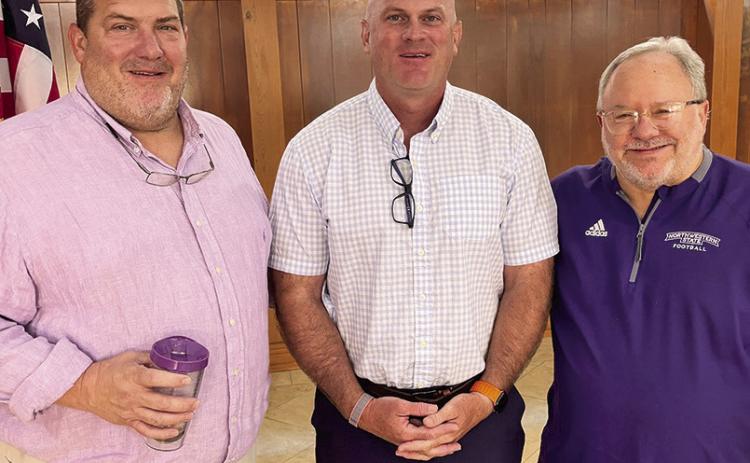 Northwestern State Head Football Coach Blain McCorkle spoke on “missed passes…catch you next time” when he spoke to the Methodist Men’s Breakfast at First United Methodist Church. From left are John Evans, McCorkel and Methodist Men’s President Doug Ireland. The joke of the day at the breakfast? Why can’t Cinderella play football? She has a pumpkin for a coach!