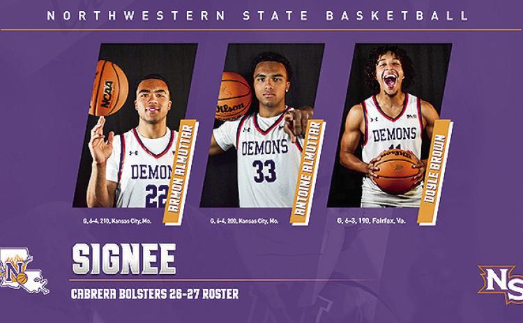 Head coach Rick Cabrera highlights a trio of guards on Early National Signing Day for the 2026-27 season. Graphic by Chris Reich, NSU Photographic Services