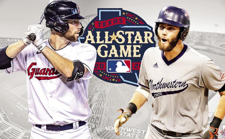 Pictured at right is Fry in his Cleveland Guardians uniform. At right Fry is wearing his former NSU uniform. Graphic by Jason Pugh/NSU Sports Information