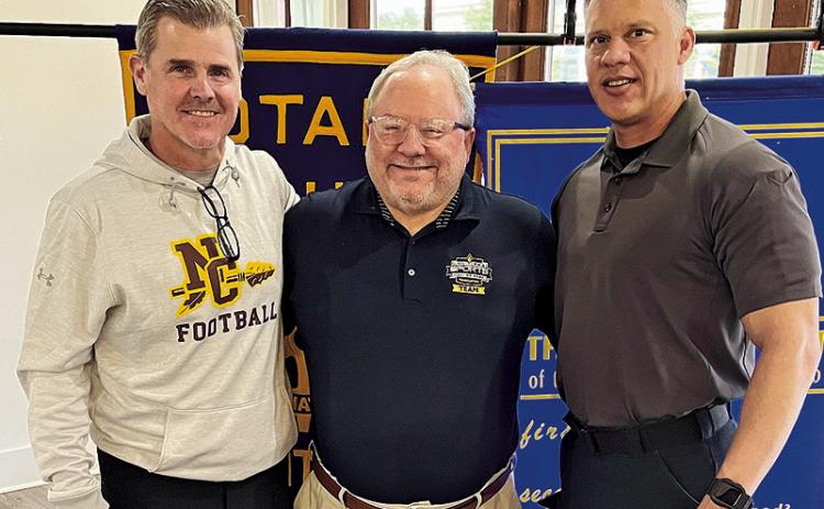 Natchitoches Central High School Head Football Coach Brad Laird and Louisiana Sports Hall of Fame Board Member and 2021 Hall of Fame Inductee Doug Ireland spoke at the April 2 Rotary luncheon. Laird summarized the goals and objectives for the football program at NCHS. Ireland provided an overview of the many activities and services available to the community by the Louisiana Sports Hall of Fame Foundation. From left are Laird, Ireland and Rotary Presidentelect Jesse Taitano.