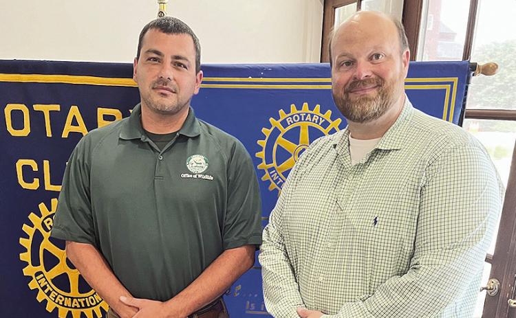 Rotary President Josh Manuel, right, welcomed Justin Ebarb from the Louisiana Department of Wildlife and Fisheries at the July 14 Rotary meeting. Ebarb described his responsibilities working closely with the alligator program. He discussed alligator populations, management programs, farm versus wild hunting, and alligator economics.