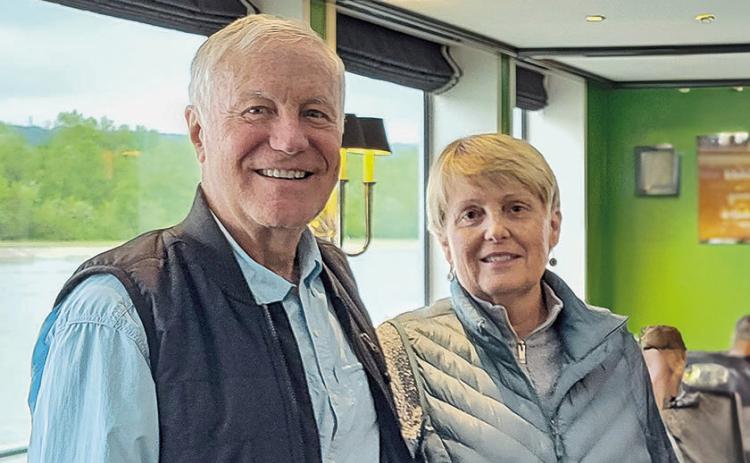 Dr. Tom and Katy Hall are pictured aboard a longship near Bazel, Switzerland, in May 2023.