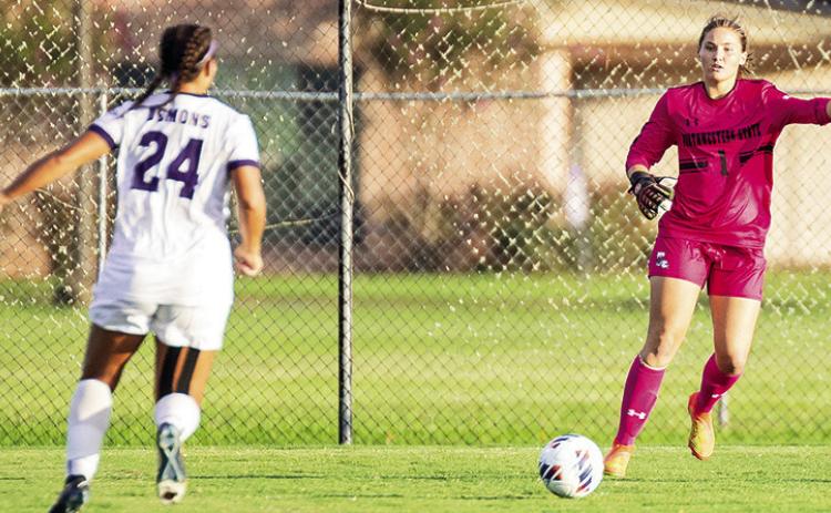 Kora Fry, at left, was named the Southland Conference Goalkeeper of the Week. It is the second consecutive goalkeeper of the week honor for Northwestern State after Libe Banuelos won it last week. Photo by Chris Reich, NSU Photographic Services