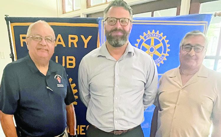 Rotarian with the Program Tommy Roque welcomed Natchitoches Parish School Board Superintendent Dr. Grant Eloi at the Aug. 20 luncheon. Eloi provided a NPSB update and answered questions. From left are Roque, Eloi and Joe Sers.