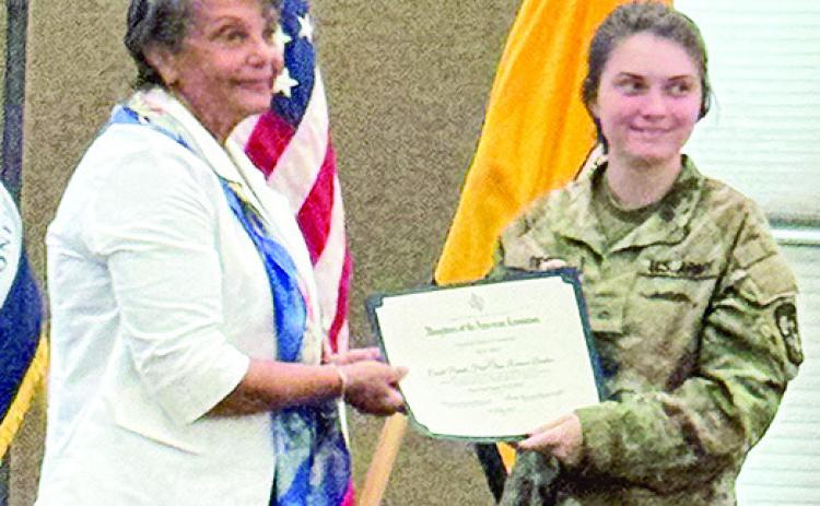 The professor of Military Science at Northwestern State University selected the cadet to receive the Gold ROTC Medal. She is Rebecca Deaton. Cane River Chapter NSDAR National Defense Chapter Chair Frances Sylvia presented the award to Deaton.