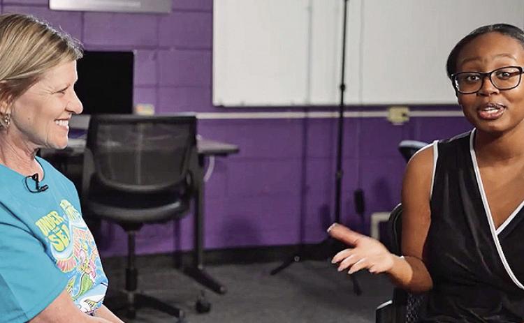 Anastasia Douglas of Shreveport, right, podcast anchor for The Current Sauce, interviewed NSU’s Vice President for the Student Experience and Dean of Students Reatha Cox to highlight Cox’s journey from firstgeneration college student to administrator and mentor.