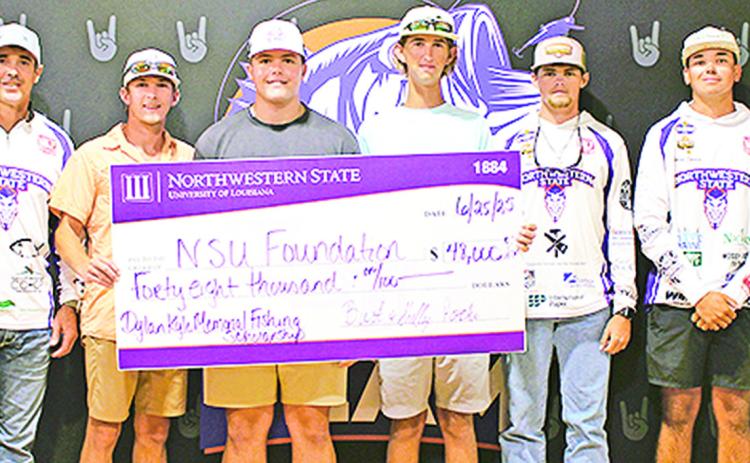 Three freshman anglers were awarded Dylan Kyle Poche Scholarships for the upcoming academic year. Attending this year’s scholarship presentation were, from left, Shelley Poche, Burt Poche, Landon Watts, Josiah Shockley, Braxton Speyrer and members of the NSU Bass Fishing Team Caleb Johnston, Dawson Cowden and Travis Johnston.