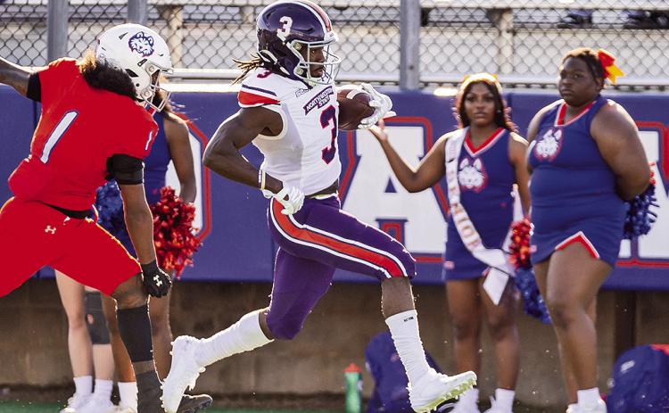 Northwestern State’s Myles Kitt-Denton scores a touchdown Saturday at HCU. Photo by Chris Reich/NSU Photographic Services