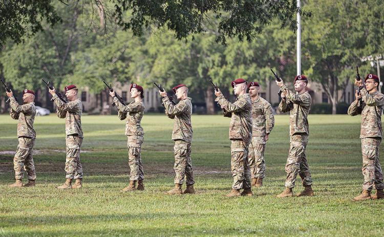 Soldiers assigned to the XVIII Airborne Corps render a 21-gun salute during a 9/11 remembrance ceremony at Fort Bragg, N.C., Sept. 11, 2024. Photo by Army Sgt. Kamar Williams
