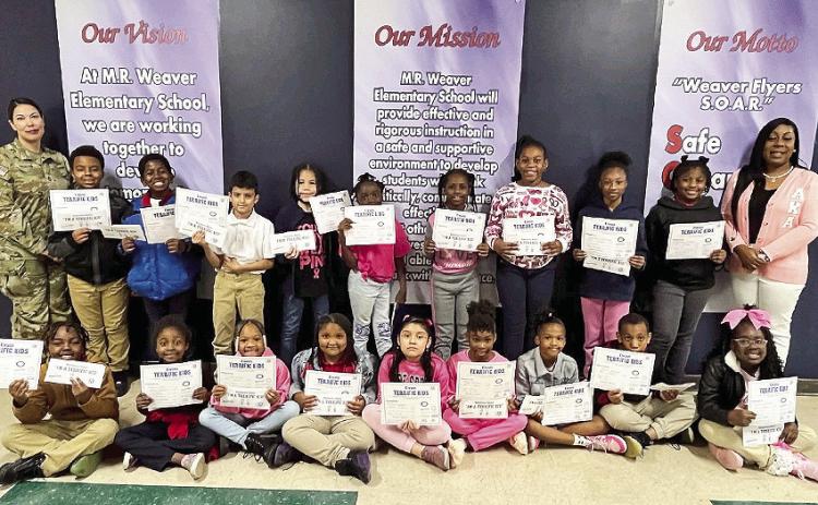 October Terrific Kids have been announced by Weaver Elementary. On front row from left are third graders Jamicah Payton, Nakia Givens,Te’Leigh Hardy, Madison Pier, Britnei Vargas, Asia Aaron, Jade Thomas, Jessie Springer and Kourtney Braxton. On back row are Kiwanian Tiffany Gourdon and 4th graders Randall Moody, Zy’Marreon Willis ,Edwin Carcamo, Charley God bolt, Honestie Williams, Kailyn Dudley, Terianna Moses, Kennedy Robinson, NyIndia Owens and Assistant Principal Shodrika Robertson.