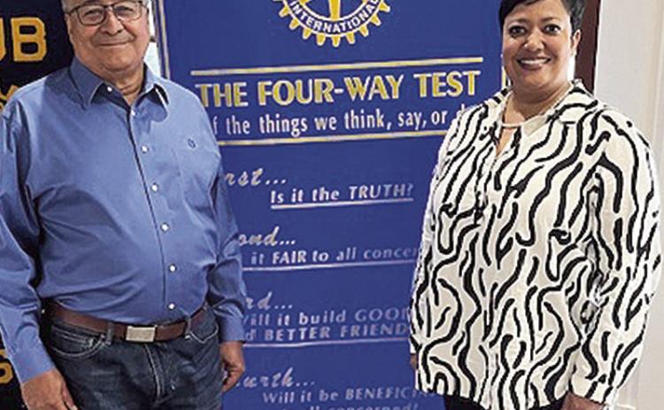 Rotarian with the Program Joe Sers welcomed and introduced City of Natchitoches grant writer Nicole Schunte Gray at the May 21 Rotary luncheon. Gray summarized the many grants and activities throughout Natchitoches Parish. From left are Sers and Gray.